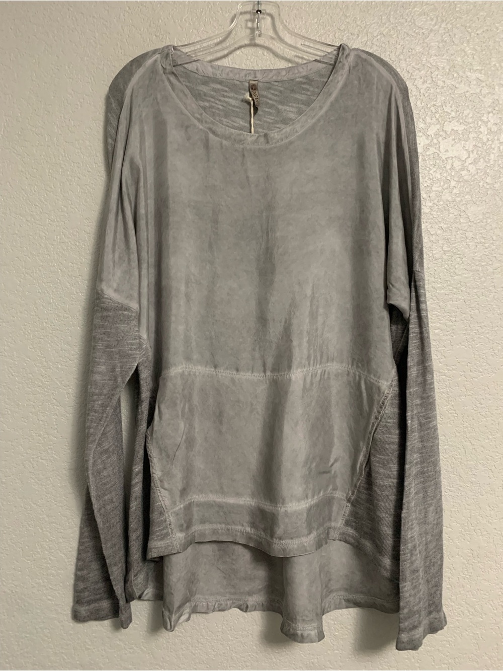 XCVI Top Tunic Womens XL Mixed Media Pocket Mineral Wash Lagenlook Artsy Gray